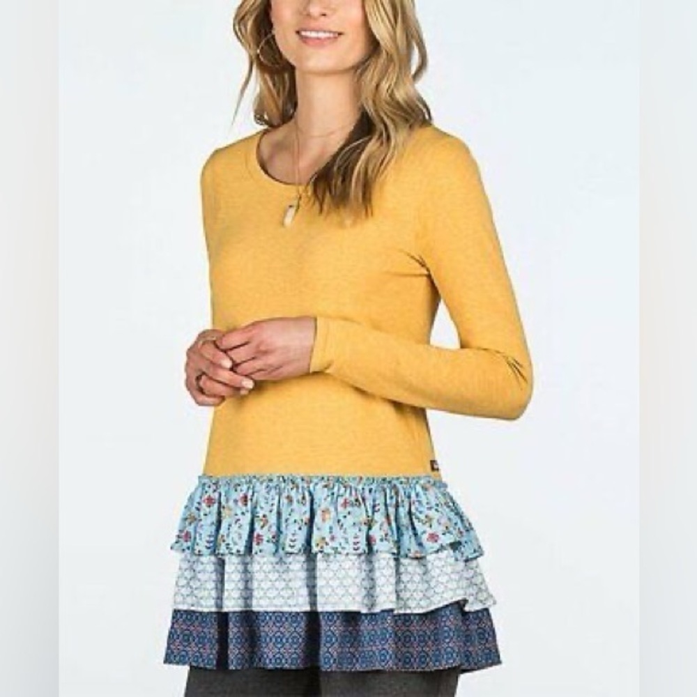 Matilda Jane Weekend Vibes Tiered Ruffle Top-Yellow/Blue-Women Size Medium